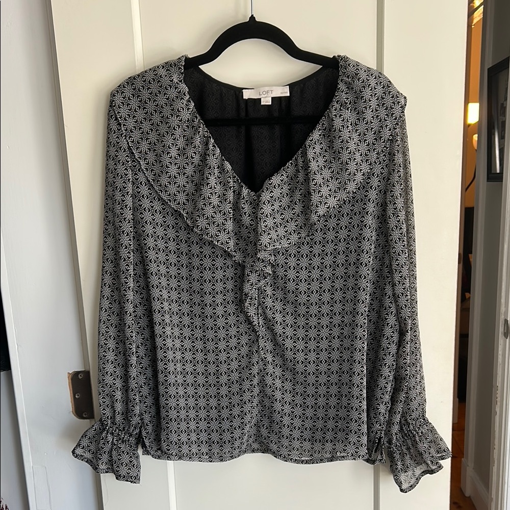 LOFT Black, Blue and White Ruffled Sailor Collar Blouse